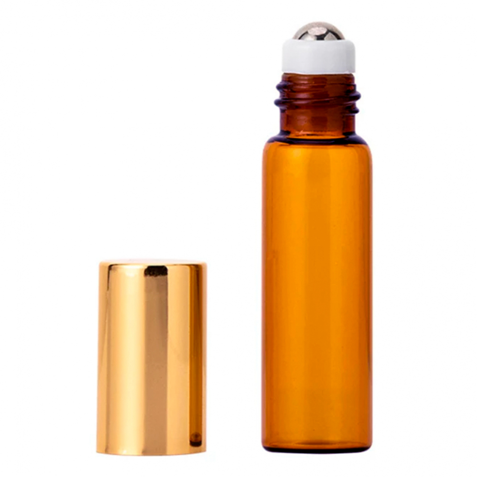 Флакони скляні коричневого кольору для косметичних засобів, 10 мл (метал. кулька, кришка золотого кольору)